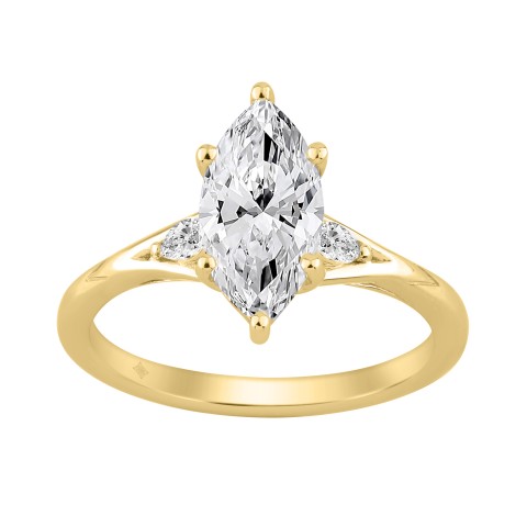 14K Yellow Gold 2 1/6Ct Marquise And Round Three Stone Ladies Engagement Ring With Marquise 2Ct Center Stone (Color F-G Clarity Vs1/Vs2)