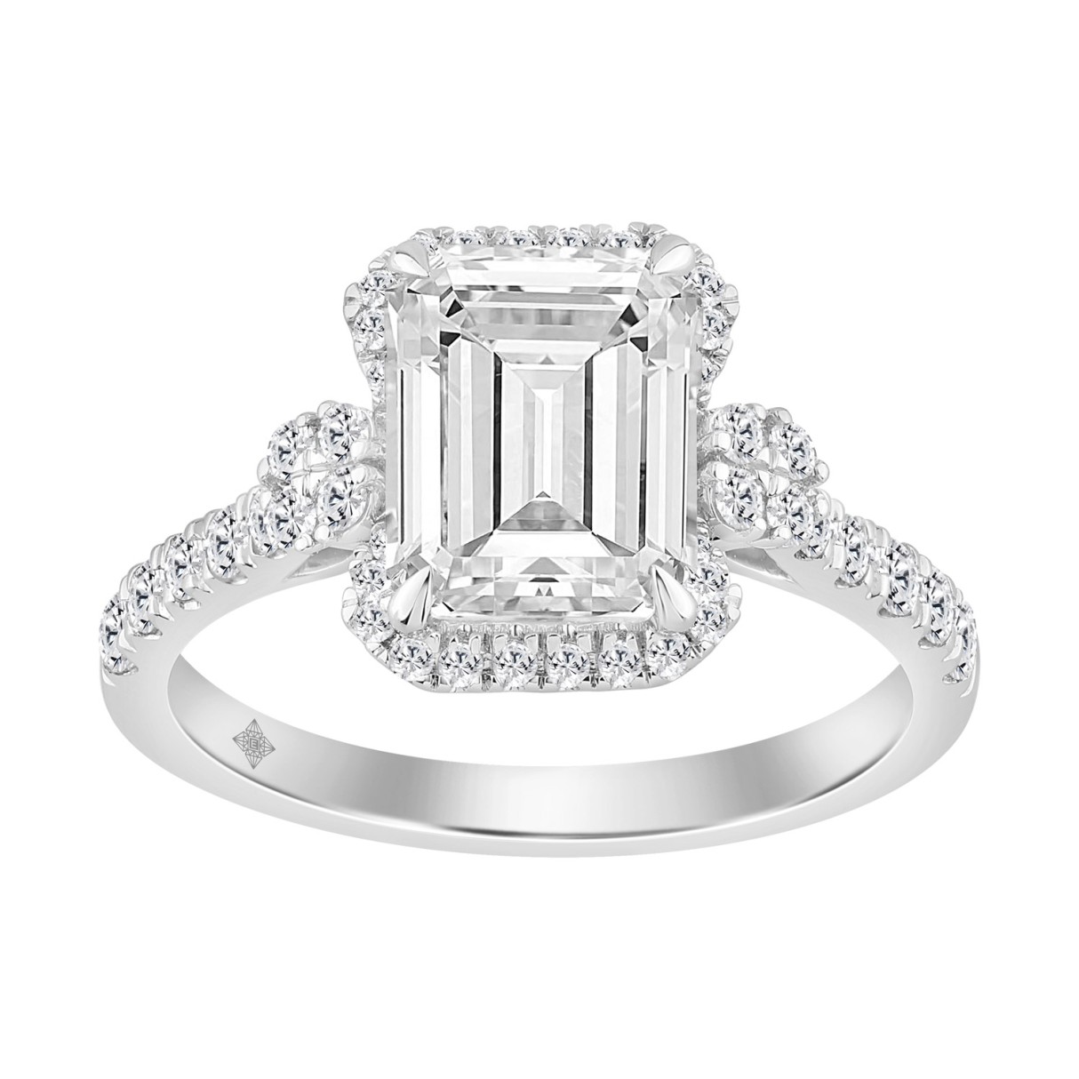 Elegance Ladies 14K White Gold 3 1/2CT Round Lab Grown Diamond Bridal Ring & Emerald Cut Halo Engagement Ring for Women (3.00CT Emerald Center stone (Color F-G -Clarity VS1/VS2))