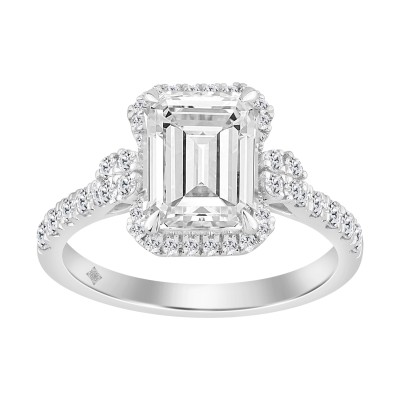 Elegance Ladies 14K White Gold 3 1/2CT Round Lab Grown Diamond Bridal Ring & Emerald Cut Halo Engagement Ring for Women (3.00CT Emerald Center stone (Color F-G -Clarity VS1/VS2))