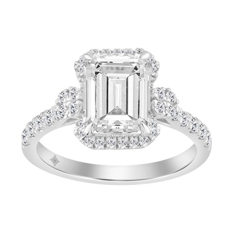 Elegance Ladies 14K White Gold 3 1/2CT Round Lab Grown Diamond Bridal Ring & Emerald Cut Halo Engagement Ring for Women (3.00CT Emerald Center stone (Color F-G -Clarity VS1/VS2))