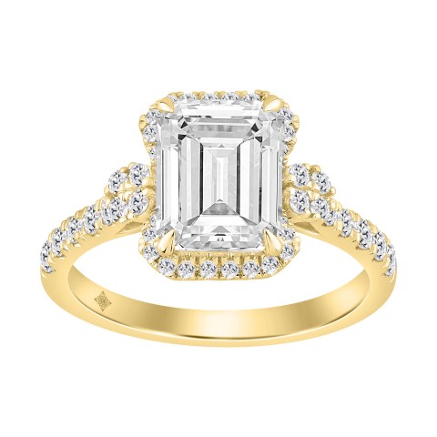 14K Yellow Gold 3 1/2Ct Emerald & Round Lab-Grown Diamond Halo Bridal Ring For Women Luxury Engagement Ring 3Ct Emerald Center Stone (Color F-G -Clarity Vs1/Vs2)