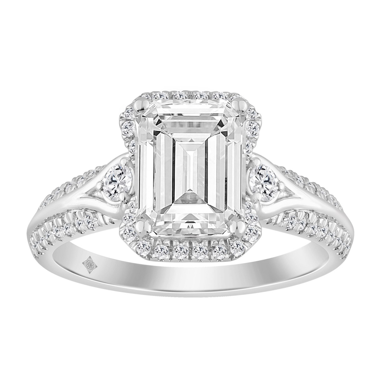 Elegance Ladies 14K White Gold 3 1/2CT Round Lab Grown Diamond Bridal Ring & Emerald Cut Halo Engagement Ring for Women (3.00CT Emerald Center stone (Color F-G -Clarity VS1/VS2))