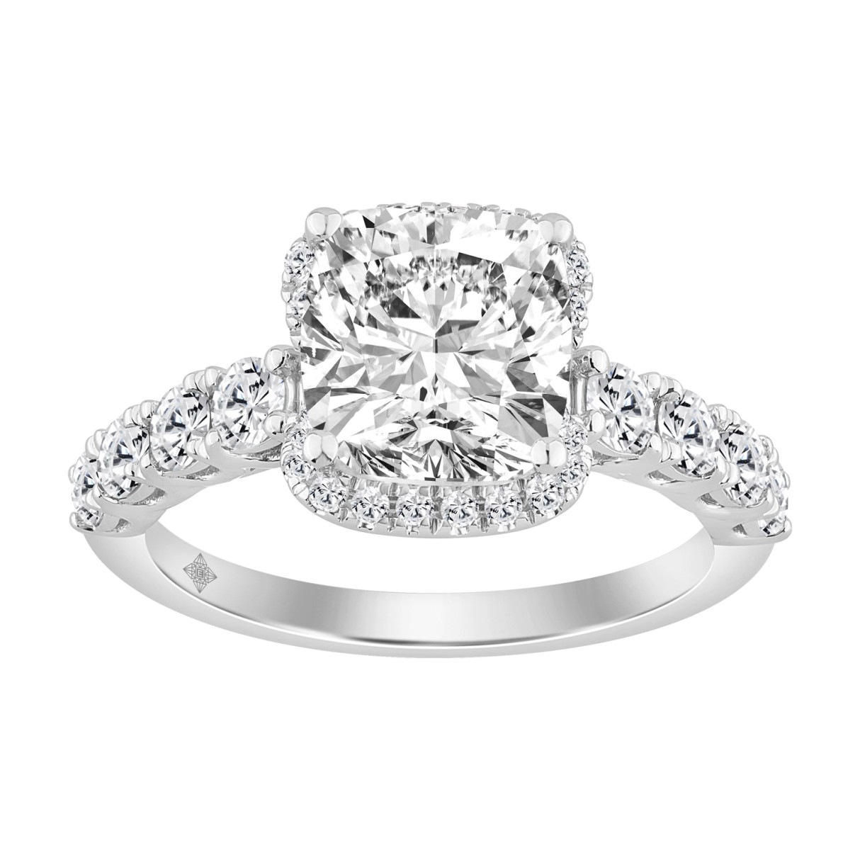Elegance Ladies 3 1/2CT Round/Baguette/Cushion Lab Grown Diamond Bridal Ring 14K White Gold Ladies Engagement Ring with 3.00CT Cushion Center stone (Color F-G -Clarity VS1/VS2))