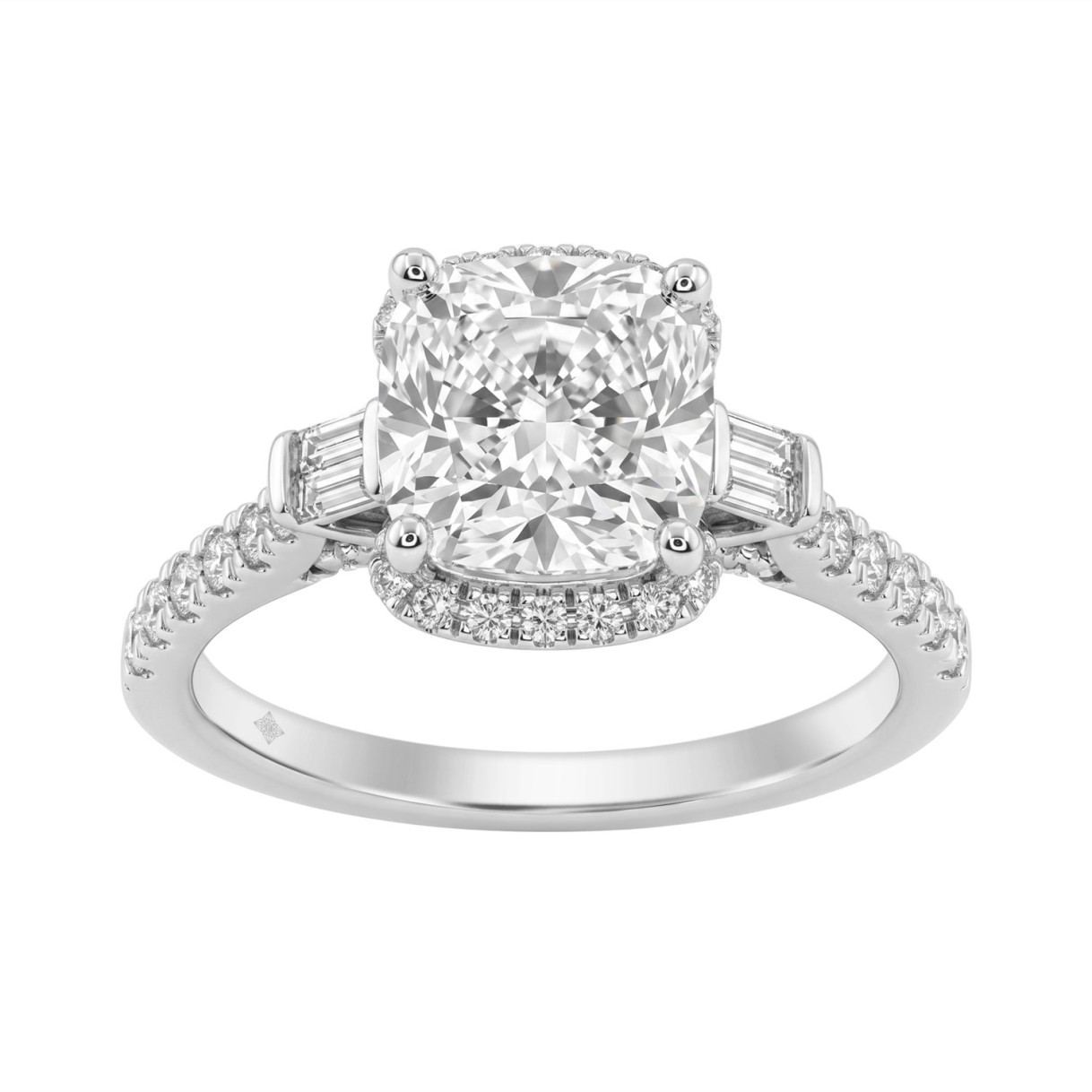 Elegance Ladies 3 1/2CT Round/Baguette/Cushion Lab Grown Diamond Bridal Ring 14K White Gold Ladies Engagement Ring with 3.00CT Cushion Center stone (Color F-G -Clarity VS1/VS2))