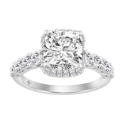 Elegance Ladies 3 1/2CT Round/Baguette/Cushion Lab Grown Diamond Bridal Ring 14K White Gold Ladies Engagement Ring with 3.00CT Cushion Center stone (Color F-G -Clarity VS1/VS2))