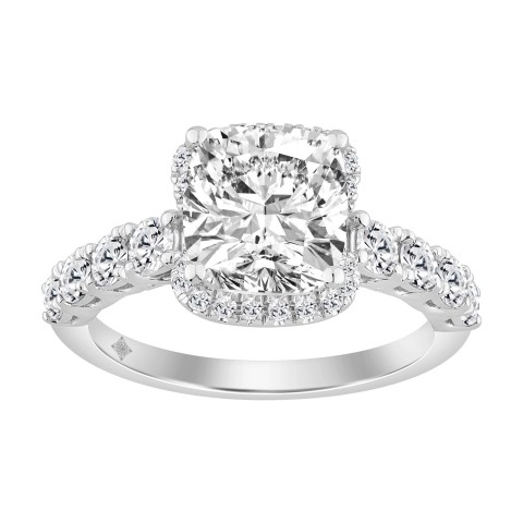 Elegance Ladies 3 1/2CT Round/Baguette/Cushion Lab Grown Diamond Bridal Ring 14K White Gold Ladies Engagement Ring with 3.00CT Cushion Center stone (Color F-G -Clarity VS1/VS2))