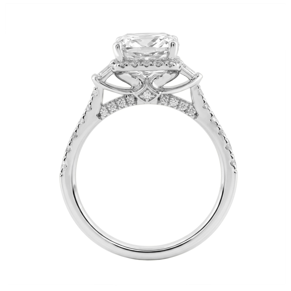 Elegance Ladies 3 1/2CT Round/Baguette/Cushion Lab Grown Diamond Bridal Ring 14K White Gold Ladies Engagement Ring with 3.00CT Cushion Center stone (Color F-G -Clarity VS1/VS2))