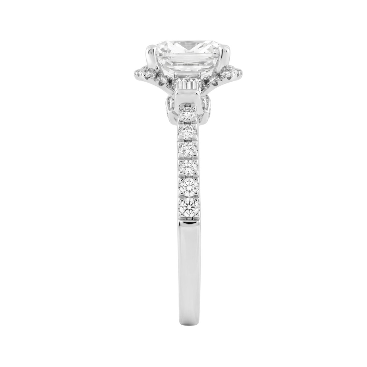 Elegance Ladies 3 1/2CT Round/Baguette/Cushion Lab Grown Diamond Bridal Ring 14K White Gold Ladies Engagement Ring with 3.00CT Cushion Center stone (Color F-G -Clarity VS1/VS2))