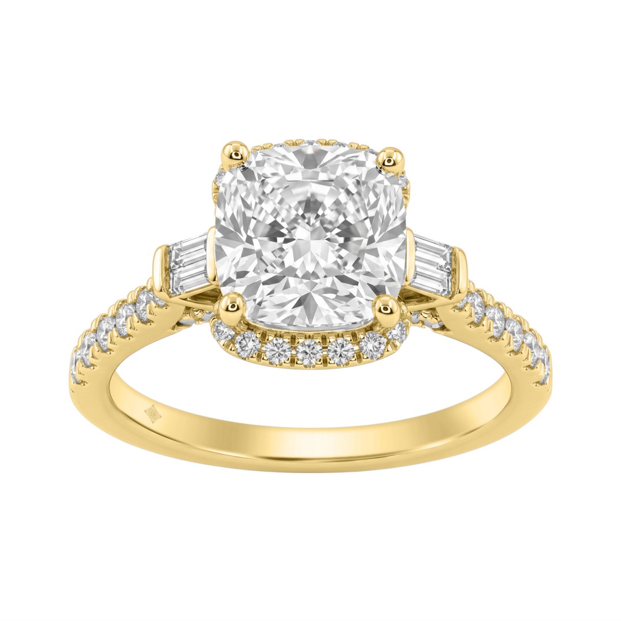 14K Yellow Gold 3 1/2Ct Cushion Cut & Baguette Lab...