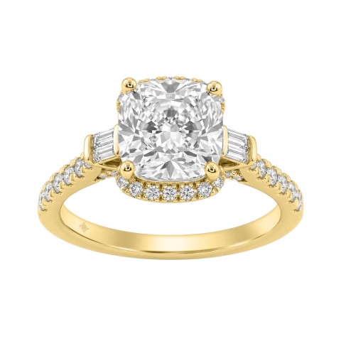 14K Yellow Gold 3 1/2Ct Cushion Cut & Baguette Lab Grown Diamond Halo Ring Round Side Stone Ladies Bridal Engagement Ring 3Ct Cushion Center Stone (Color F-G -Clarity Vs1/Vs2)