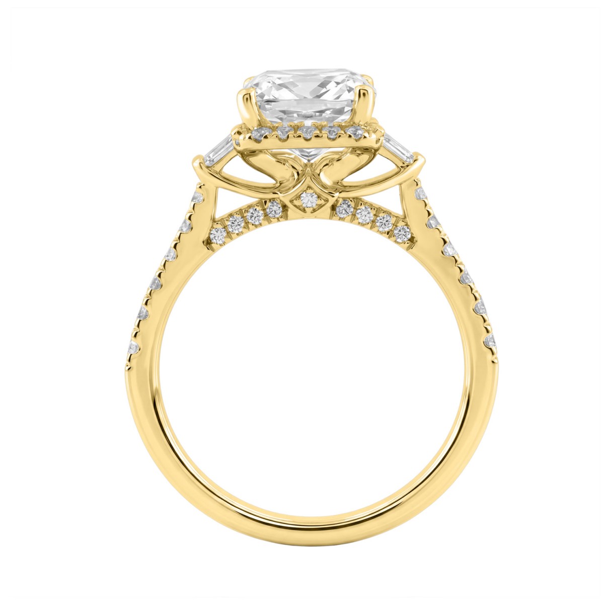 14K Yellow Gold 3 1/2Ct Cushion Cut & Baguette Lab Grown Diamond Halo Ring Round Side Stone Ladies Bridal Engagement Ring 3Ct Cushion Center Stone (Color F-G -Clarity Vs1/Vs2)