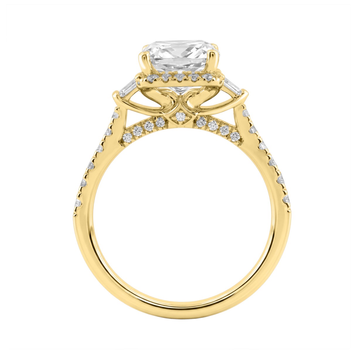 14K Yellow Gold 3 1/2Ct Cushion Cut & Baguette Lab Grown Diamond Halo Ring Round Side Stone Ladies Bridal Engagement Ring 3Ct Cushion Center Stone (Color F-G -Clarity Vs1/Vs2)