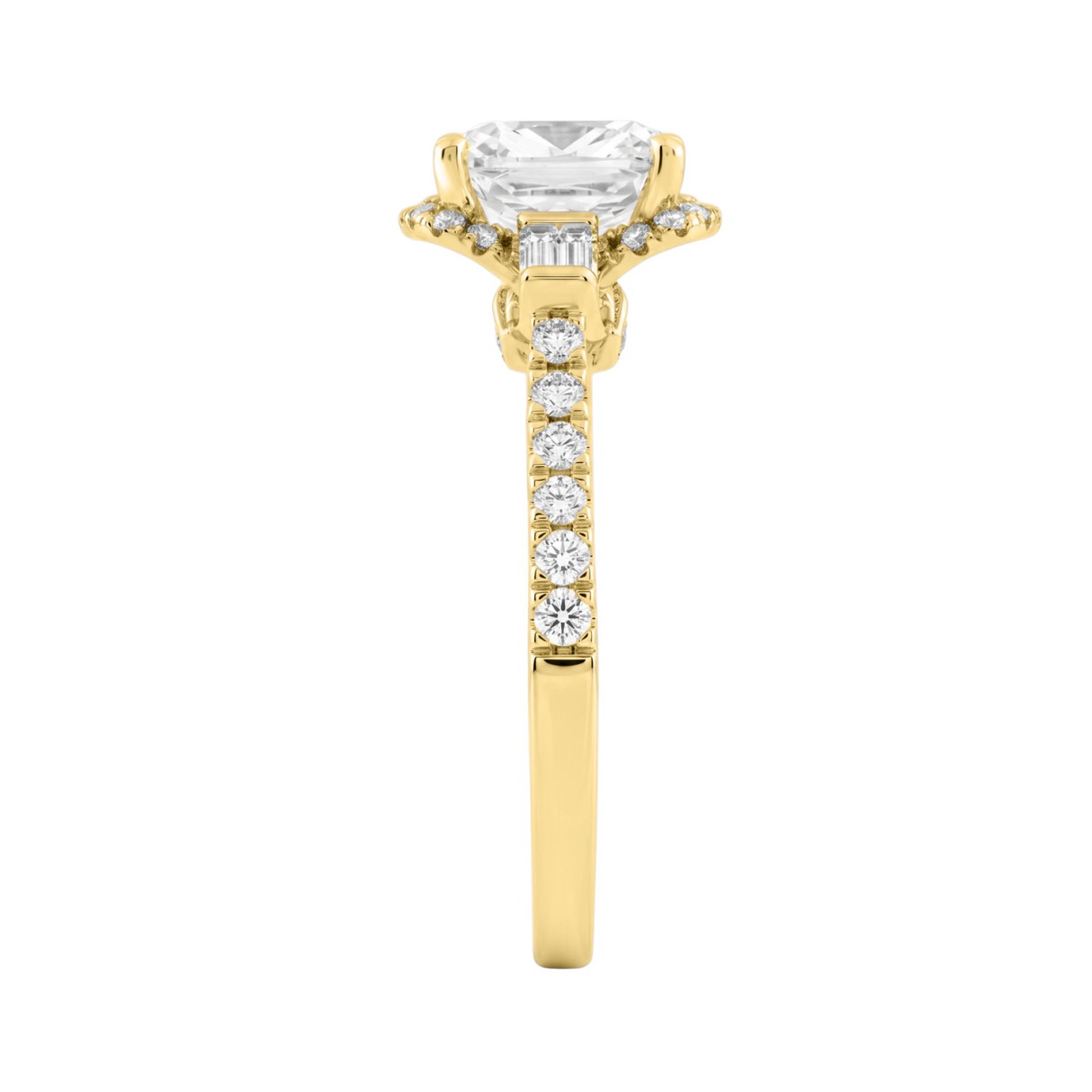 14K Yellow Gold 3 1/2Ct Cushion Cut & Baguette Lab Grown Diamond Halo Ring Round Side Stone Ladies Bridal Engagement Ring 3Ct Cushion Center Stone (Color F-G -Clarity Vs1/Vs2)
