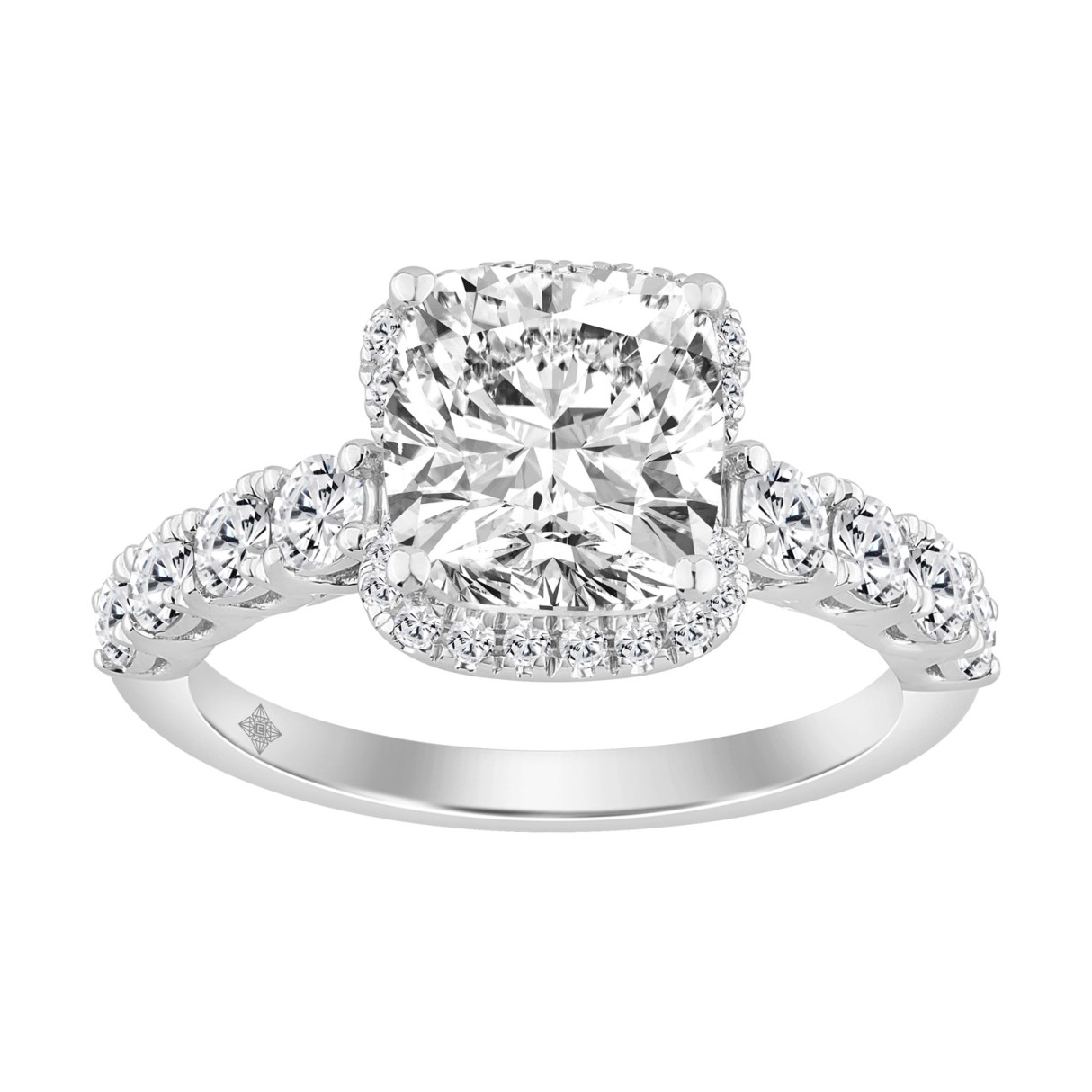 Elegance Ladies 3 3/4CT Round/Cushion Lab Grown Diamond Bridal Ring 14K White Gold Ladies Engagement Ring with 3.00CT Cushion Center stone (Color F-G -Clarity VS1/VS2))