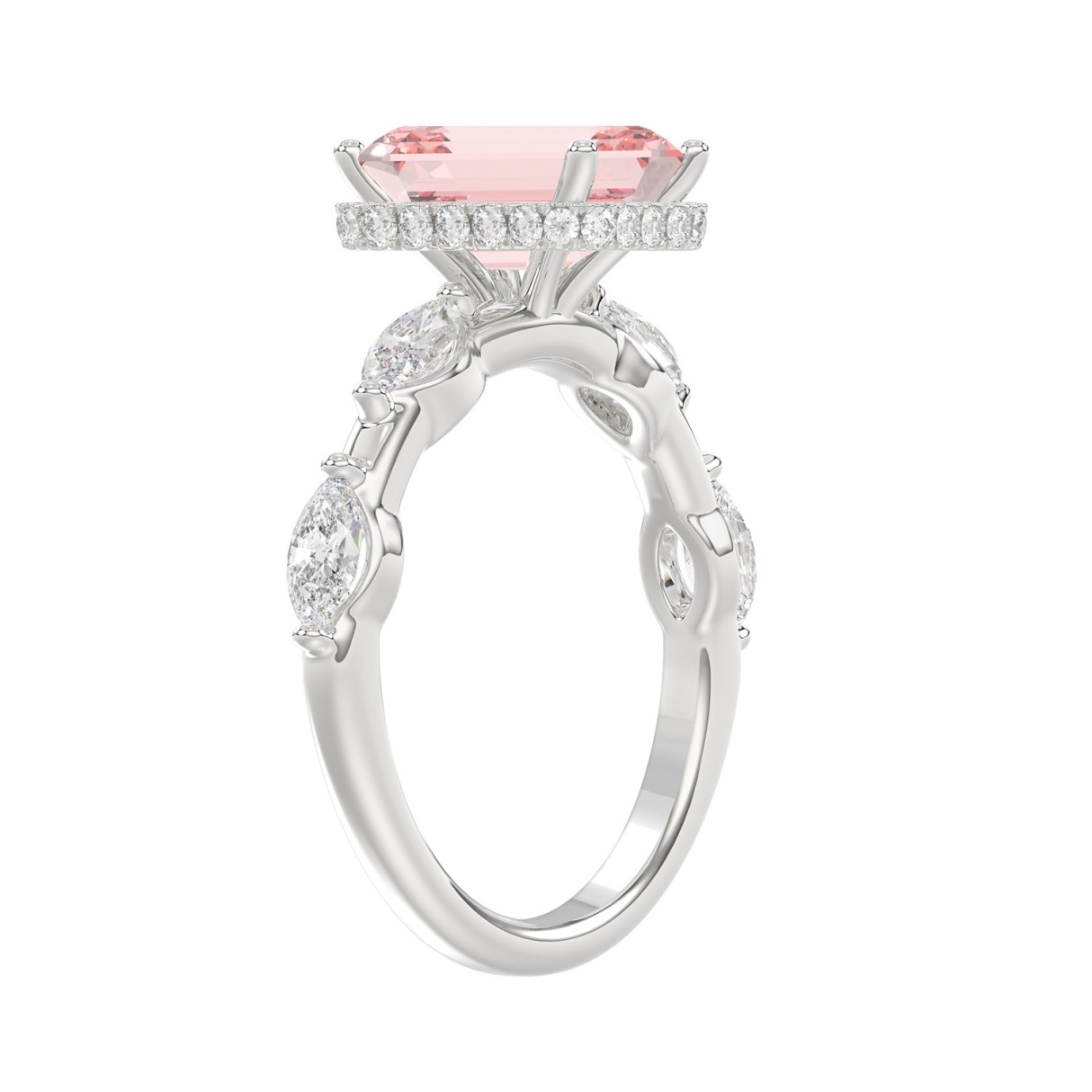 14K WHITE GOLD 3 1/2CT ROUND/MARQUISE/PINK EMERALD DIAMOND LADIES RING (CENTER STONE PINK EMERALD DIAMOND 3.00CT)