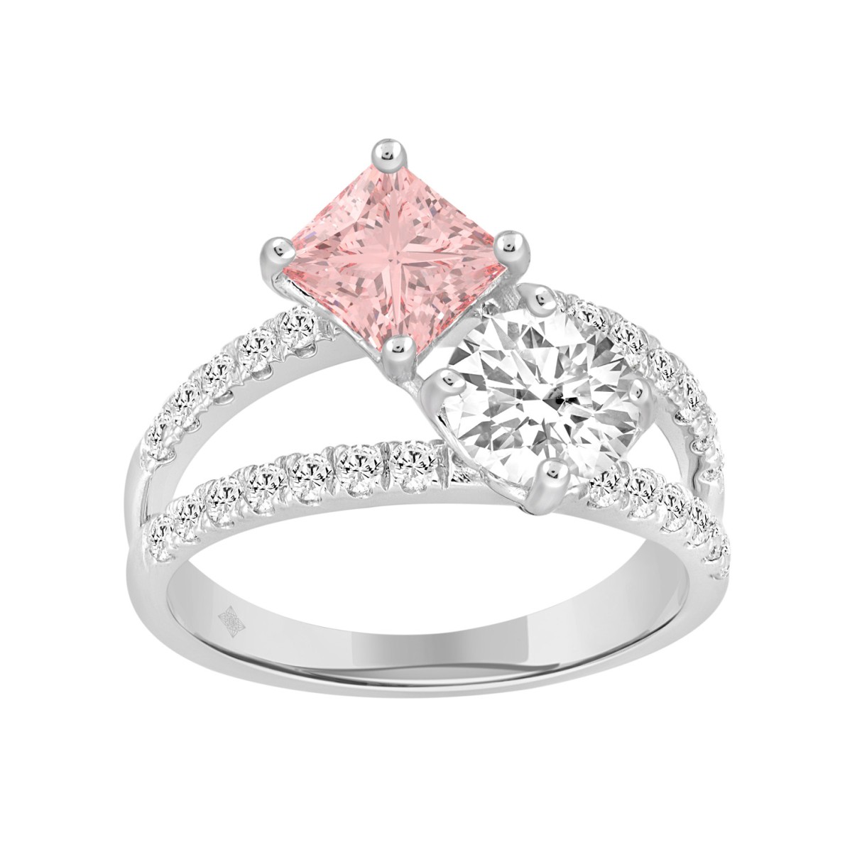 14K WHITE GOLD 2 1/2CT ROUND/PINK PRINCESS DIAMOND...