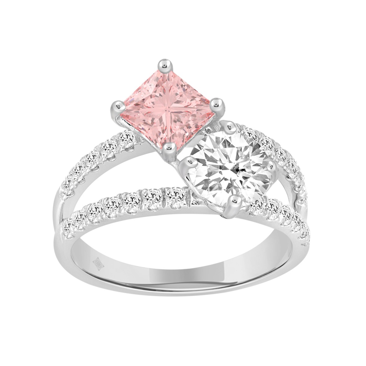 14K WHITE GOLD 2 1/2CT ROUND/PINK PRINCESS DIAMOND...
