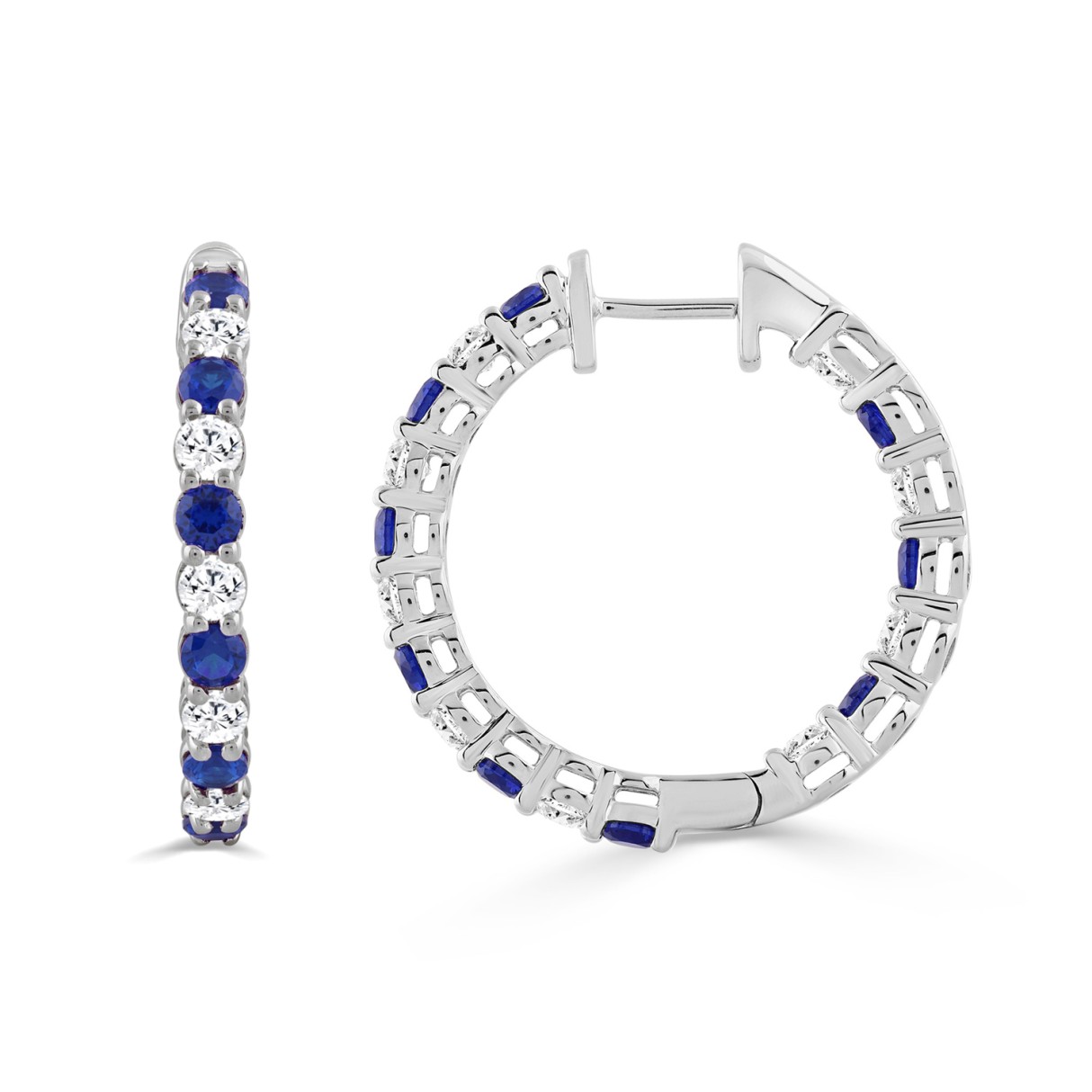 14K WHITE GOLD 3 3/8CT ROUND/ROUND BLUE SAPPHIRE DIAMOND LADIES HOOP EARRINGS 