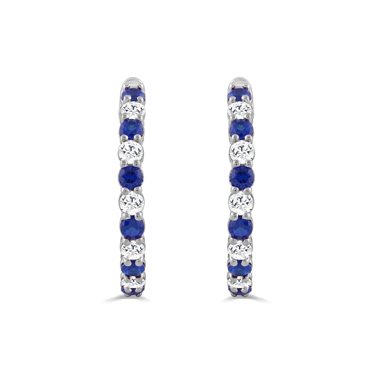 14K WHITE GOLD 3 3/8CT ROUND/ROUND BLUE SAPPHIRE DIAMOND LADIES HOOP EARRINGS 