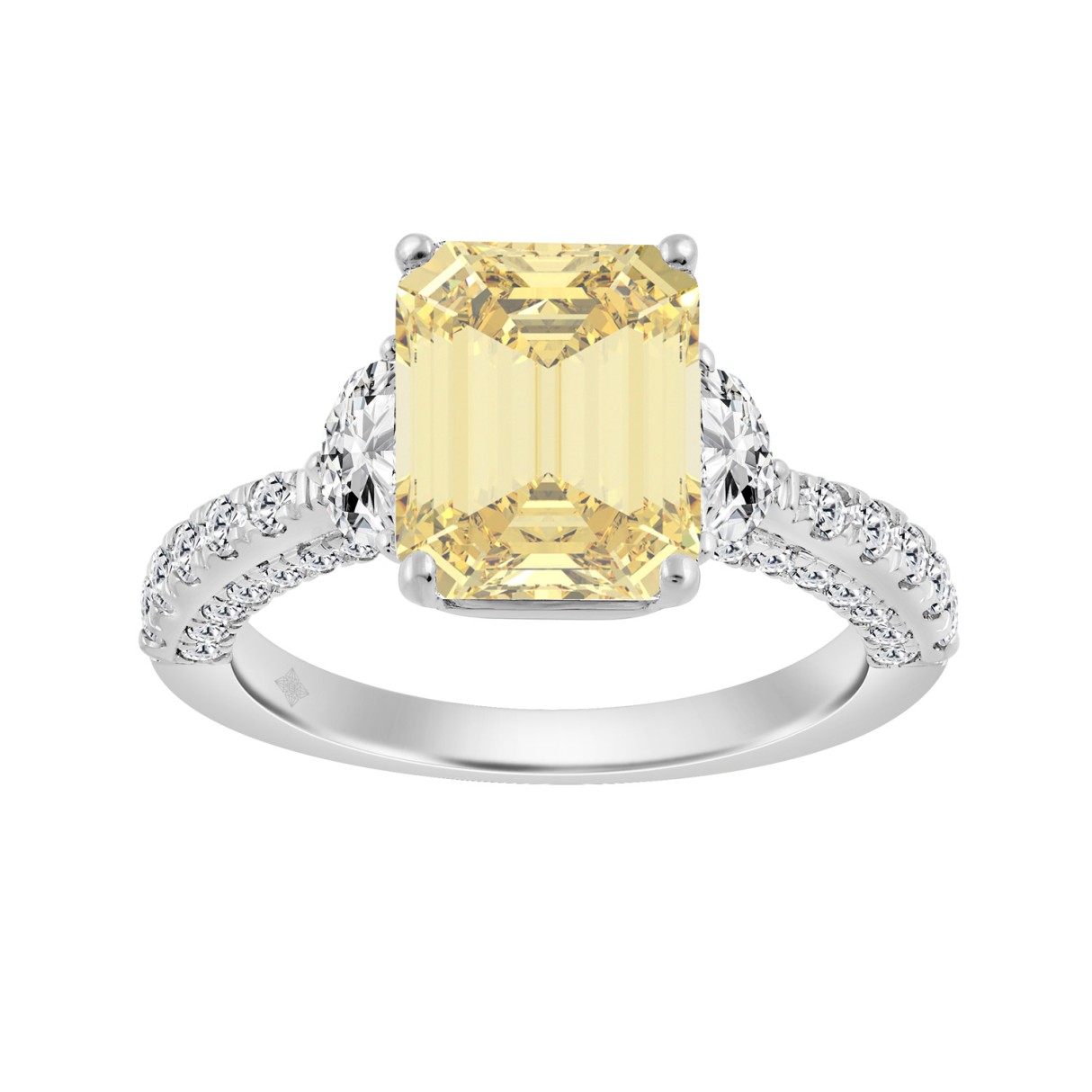 14K WHITE GOLD 4.00CT ROUND/EMERALD/HALF MOON DIAMOND LADIES RING (CENTER STONE YELLOW EMERALD DIAMOND 3.00CT)
