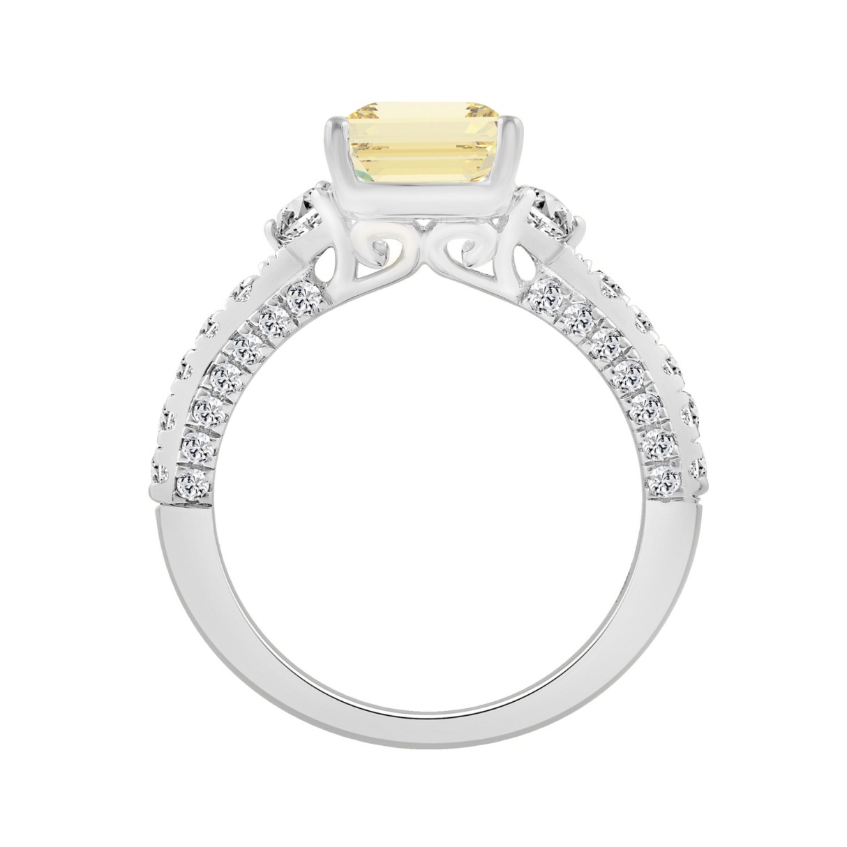 14K WHITE GOLD 4.00CT ROUND/EMERALD/HALF MOON DIAMOND LADIES RING (CENTER STONE YELLOW EMERALD DIAMOND 3.00CT)