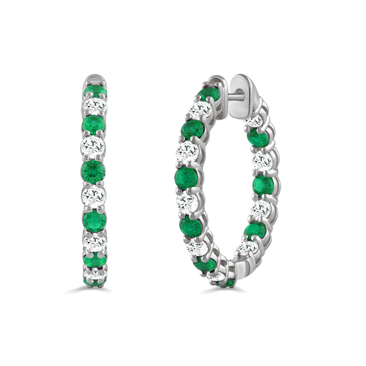 14K WHITE GOLD 3 3/8CT ROUND/ROUND GREEN EMERALD DIAMOND LADIES HOOP EARRINGS 