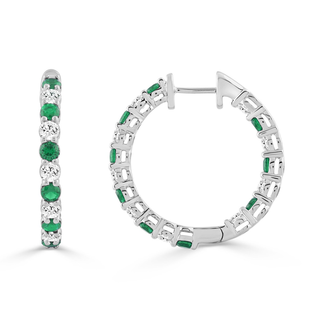 14K WHITE GOLD 3 3/8CT ROUND/ROUND GREEN EMERALD DIAMOND LADIES HOOP EARRINGS 
