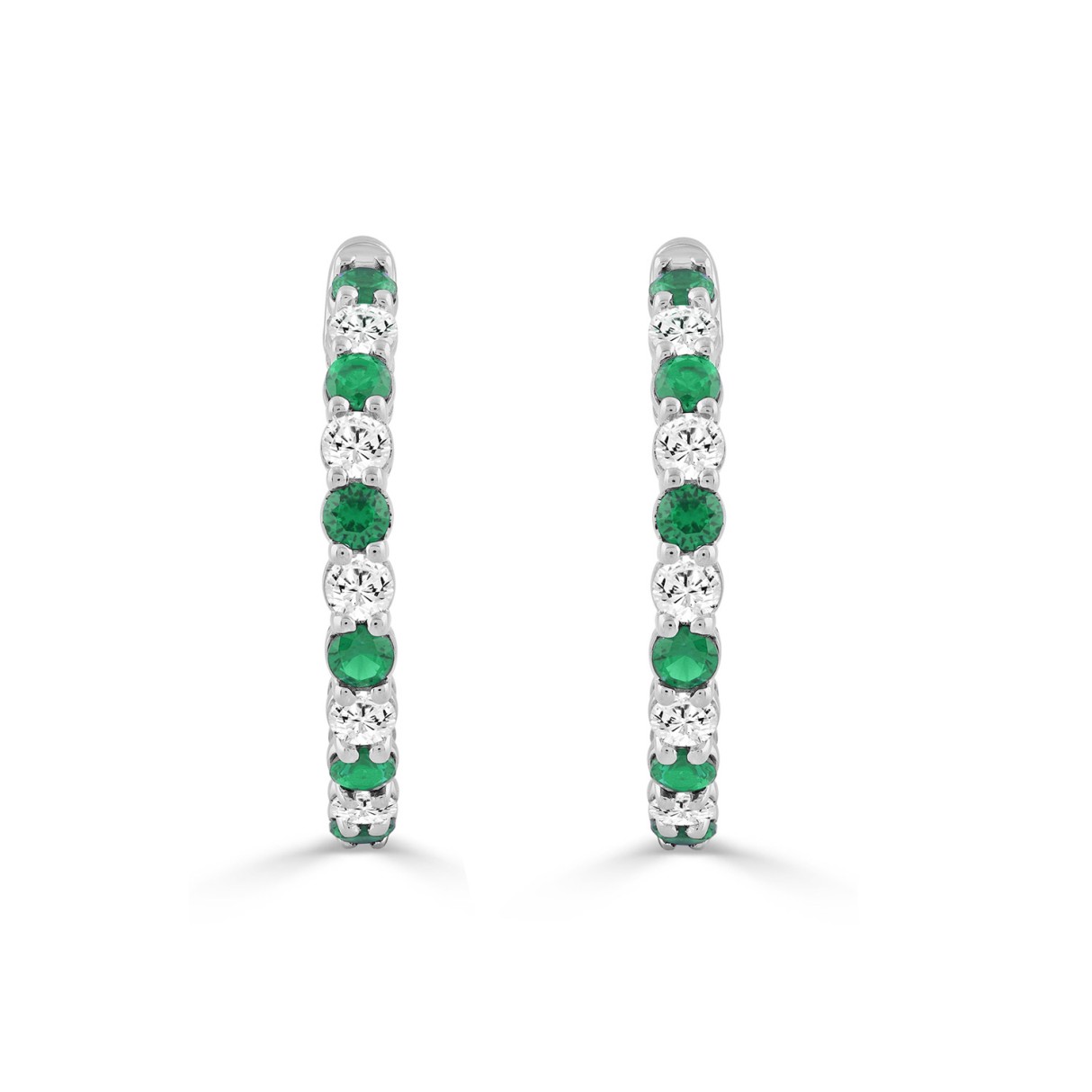 14K WHITE GOLD 3 3/8CT ROUND/ROUND GREEN EMERALD DIAMOND LADIES HOOP EARRINGS 