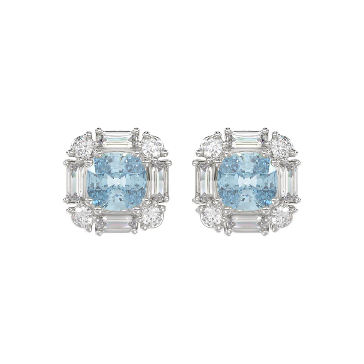 14K WHITE GOLD 1 1/3CT ROUND/BLUE CUSHION DIAMOND LADIES EARRING 