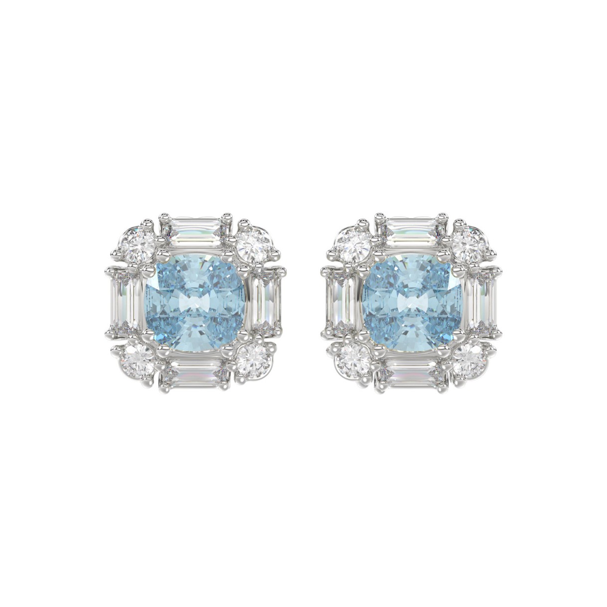 14K WHITE GOLD 1 1/3CT ROUND/BAGUETTE /BLUE CUSHION DIAMOND LADIES EARRING 