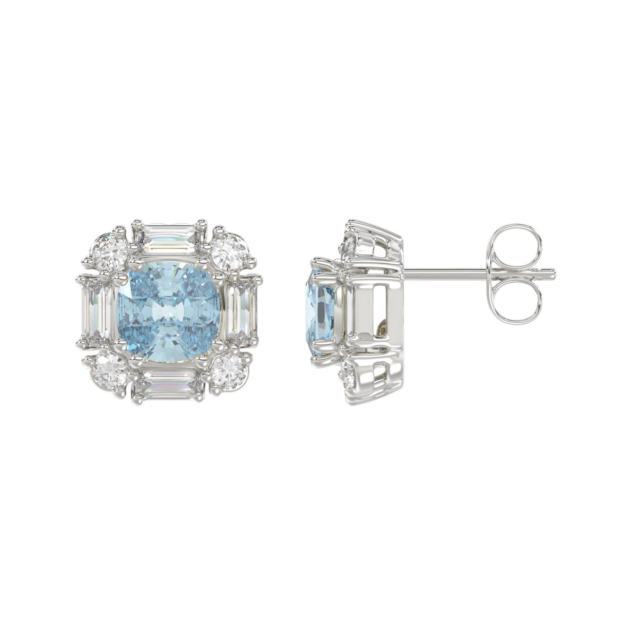 14K WHITE GOLD 1 1/3CT ROUND/BAGUETTE /BLUE CUSHION DIAMOND LADIES EARRING 