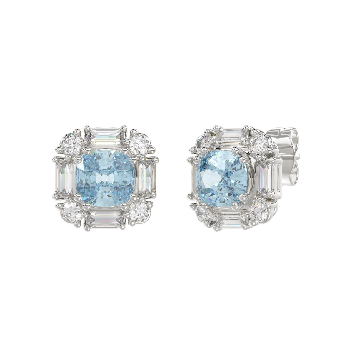 14K WHITE GOLD 1 1/3CT ROUND/BLUE CUSHION DIAMOND LADIES EARRING 