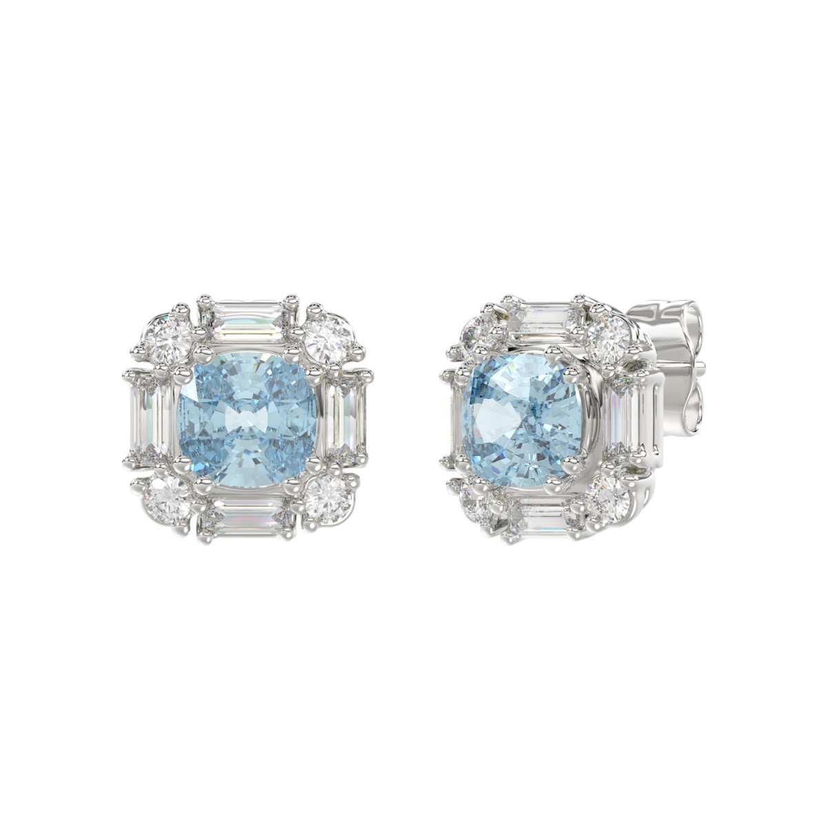 14K WHITE GOLD 1 1/3CT ROUND/BAGUETTE /BLUE CUSHION DIAMOND LADIES EARRING 