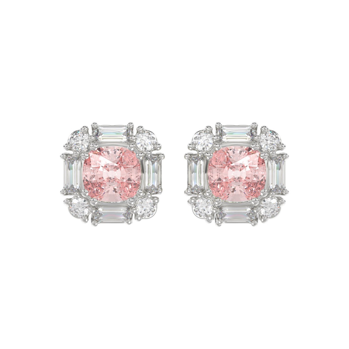 14K WHITE GOLD 1 1/3CT ROUND/BAGUETTE /PINK CUSHION DIAMOND LADIES EARRING 