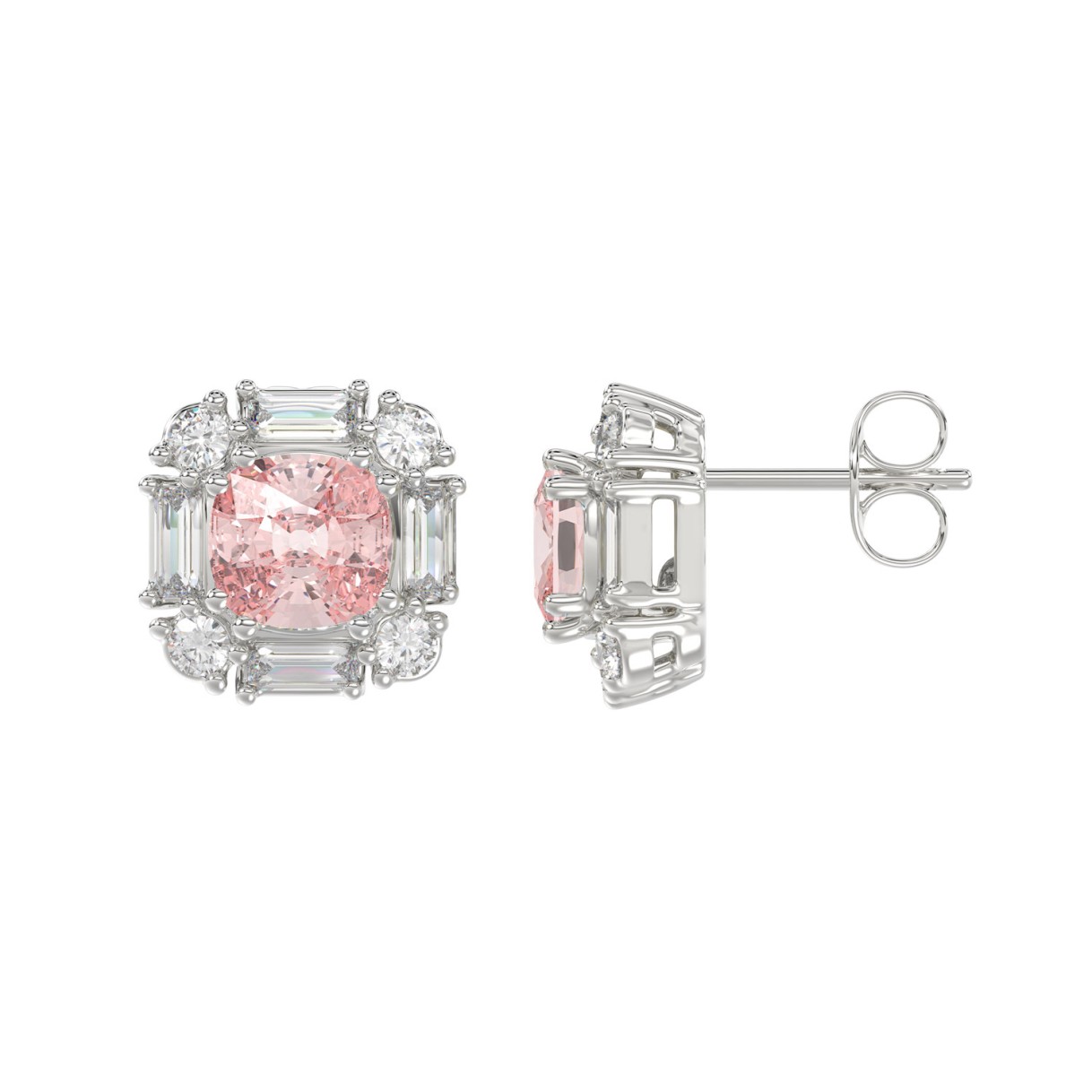 14K WHITE GOLD 1 1/3CT ROUND/BAGUETTE /PINK CUSHION DIAMOND LADIES EARRING 