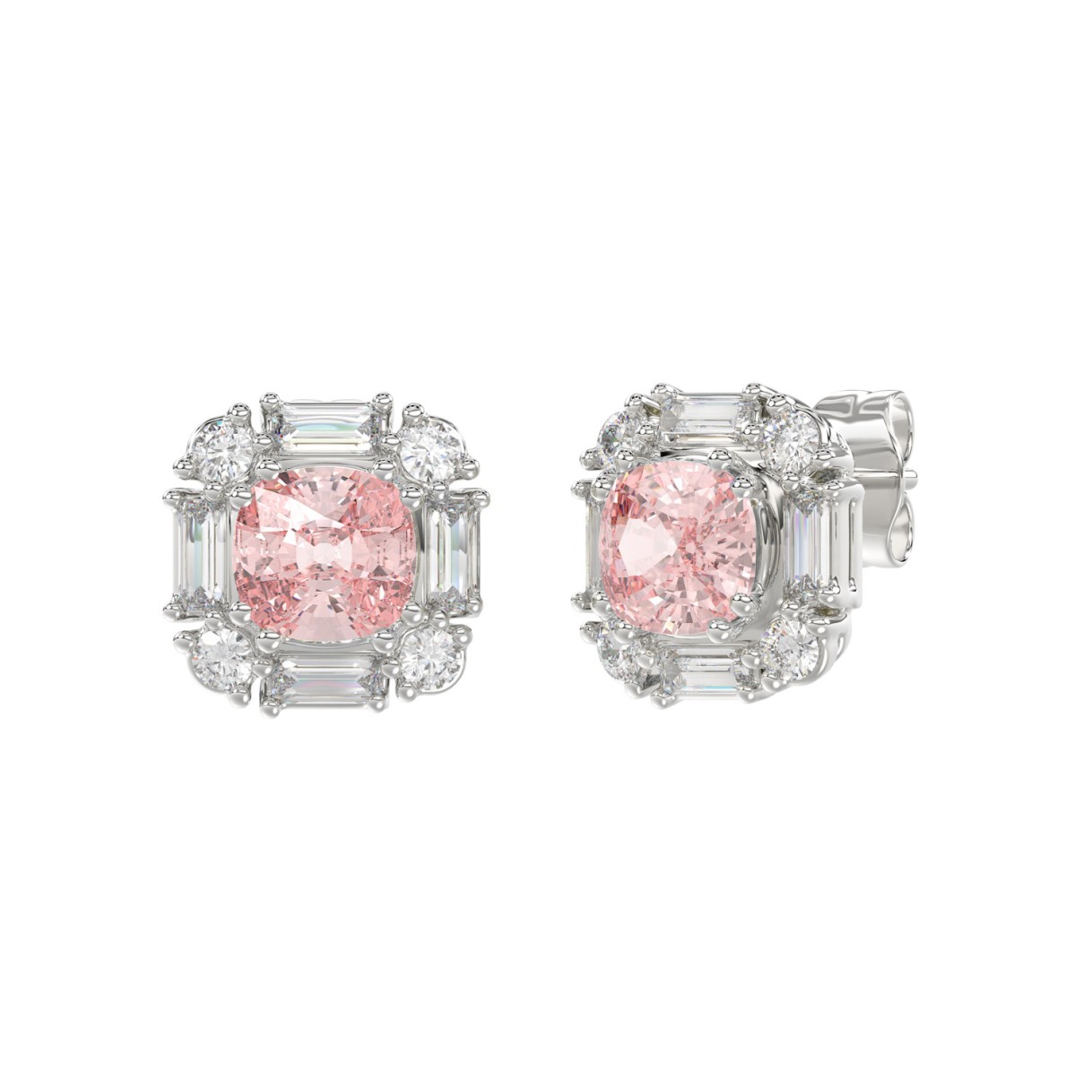 14K WHITE GOLD 1 1/3CT ROUND/BAGUETTE /PINK CUSHION DIAMOND LADIES EARRING 