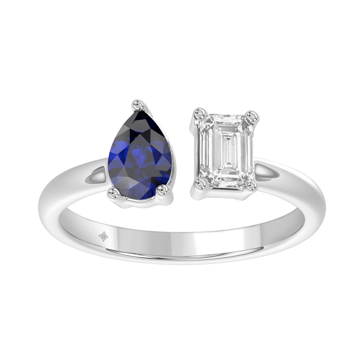 14K WHITE GOLD 1.00CT EMERALD/PEAR BLUE SAPPHIRE D...