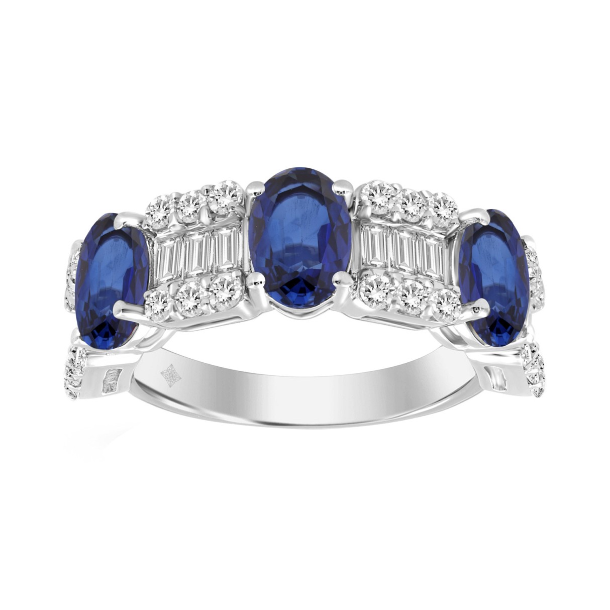 14K WHITE GOLD 3 5/8CT ROUND/BAGUETTE/BLUE SAPPHIRE OVAL DIAMOND LADIES BAND 