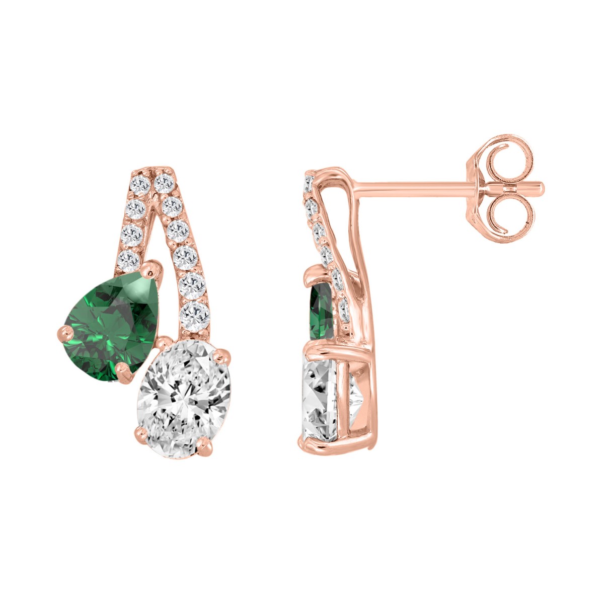 14K ROSE GOLD 2 1/2CT ROUND/OVAL/GREEN EMERALD PEAR DIAMOND LADIES EARRING (GREEN EMERALD PEAR DIAMOND 1.00CT)