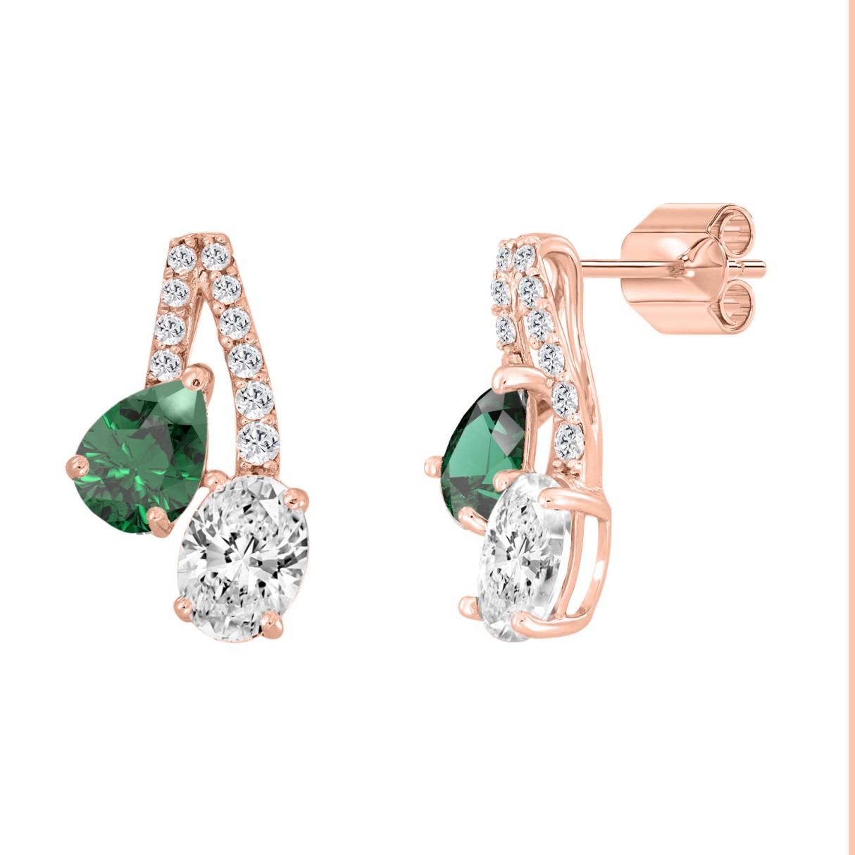 14K ROSE GOLD 2 1/2CT ROUND/OVAL/GREEN EMERALD PEAR DIAMOND LADIES EARRING (GREEN EMERALD PEAR DIAMOND 1.00CT)