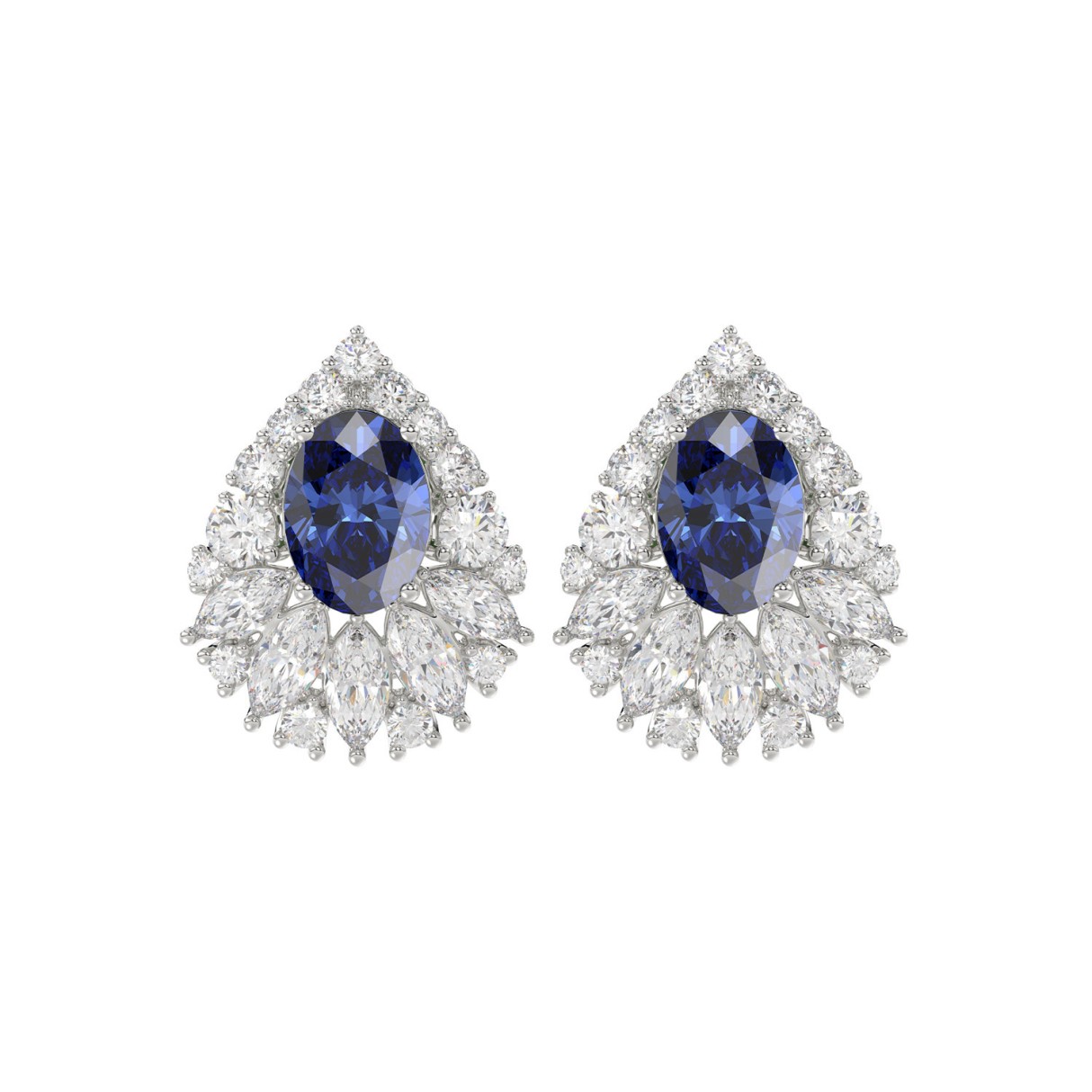 14K WHITE GOLD 4 3/4CT ROUND/MARQUISE/BLUE SAPPHIRE OVAL LADIES EARRING (BLUE SAPPHIRE OVAL DIAMOND 2 3/4CT)