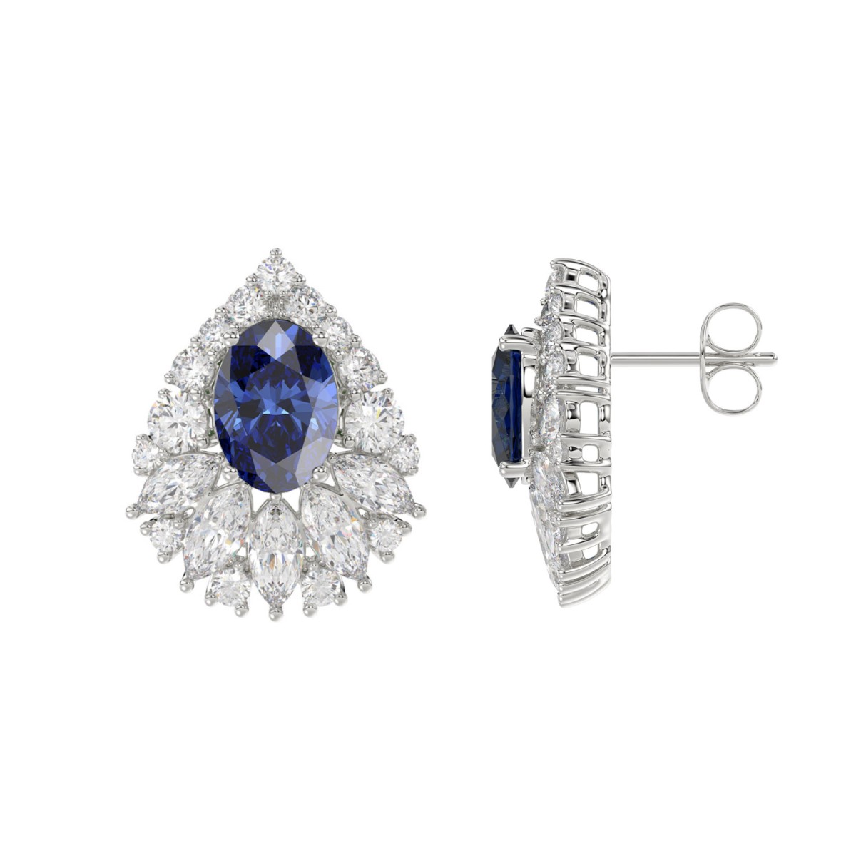14K WHITE GOLD 4 3/4CT ROUND/MARQUISE/BLUE SAPPHIRE OVAL LADIES EARRING (BLUE SAPPHIRE OVAL DIAMOND 2 3/4CT)