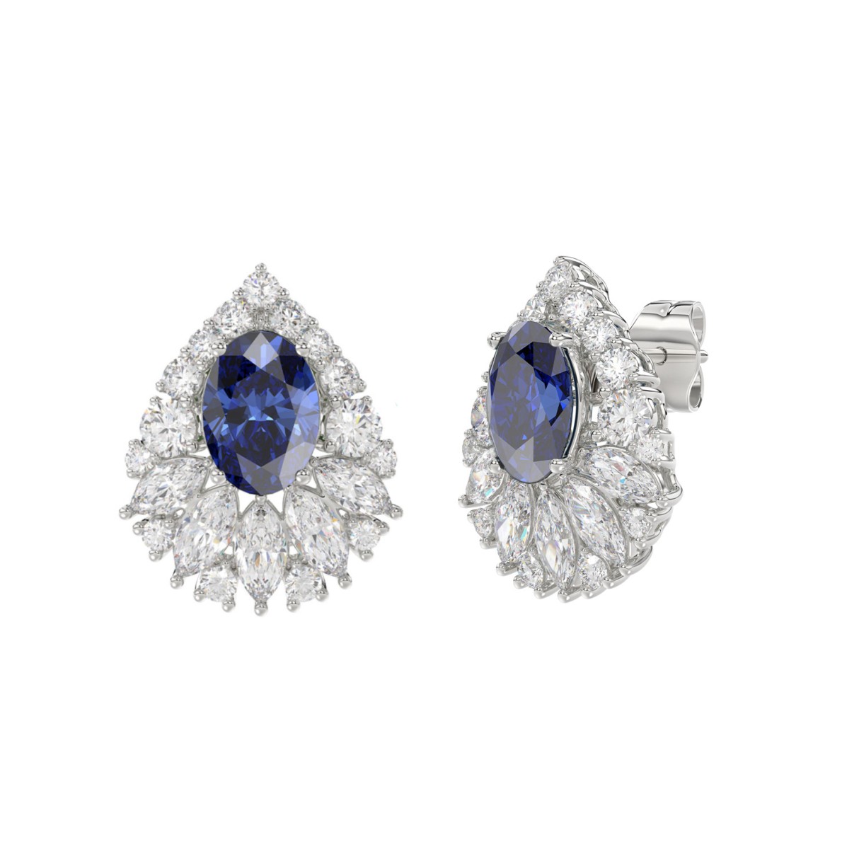 14K WHITE GOLD 4 3/4CT ROUND/MARQUISE/BLUE SAPPHIRE OVAL LADIES EARRING (BLUE SAPPHIRE OVAL DIAMOND 2 3/4CT)