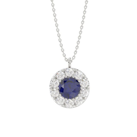 14K WHITE GOLD 1.00CT ROUND/BLUE SAPPHIRE ROUND LADIES PENDANT (BLUE SAPPHIRE ROUND DIAMOND 5/8CT)