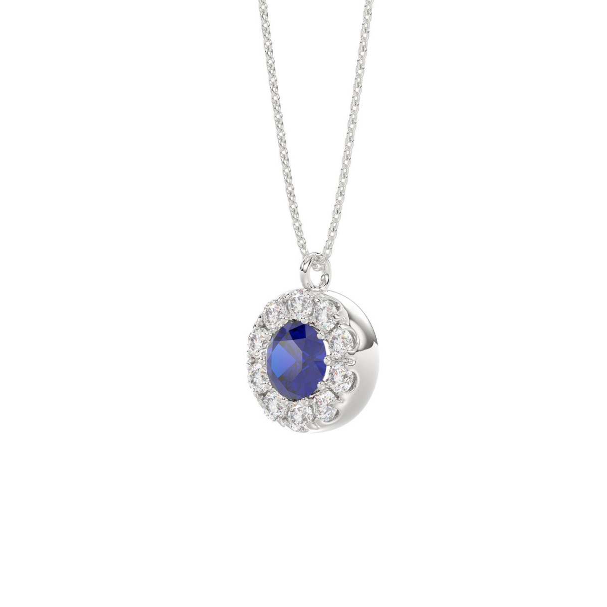 14K WHITE GOLD 1.00CT ROUND/BLUE SAPPHIRE ROUND LADIES PENDANT (BLUE SAPPHIRE ROUND DIAMOND 5/8CT)