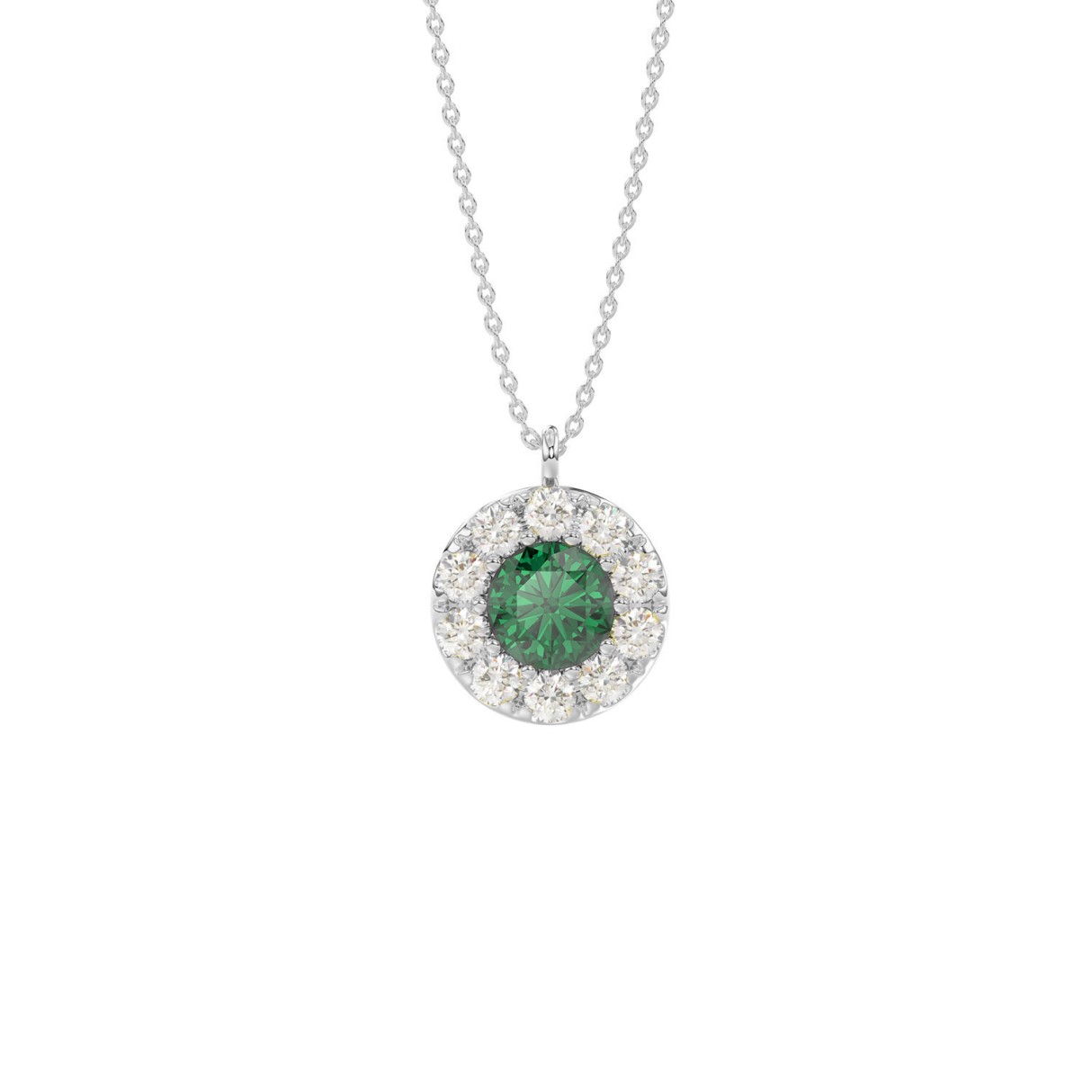 14K WHITE GOLD 1.00CT ROUND/GREEN EMERALD ROUND DIAMOND LADIES PENDANT 