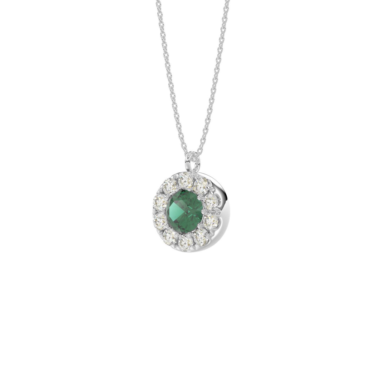 14K WHITE GOLD 1.00CT ROUND/GREEN EMERALD ROUND DIAMOND LADIES PENDANT 