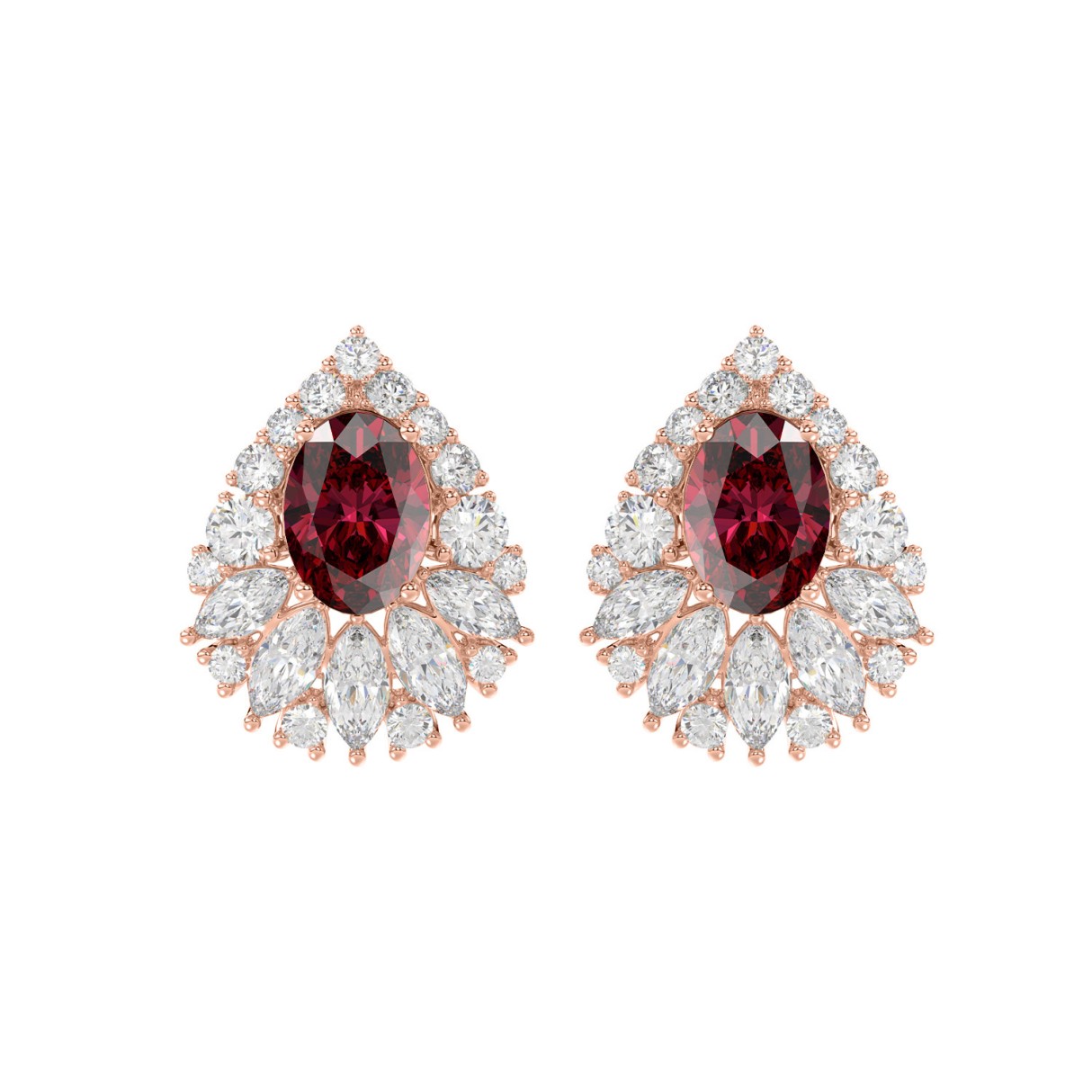 14K ROSE GOLD 4 3/4CT ROUND/MARQUISE/RUBY OVAL DIAMOND LADIES EARRING (RUBY OVAL DIAMOND 2 3/4CT)