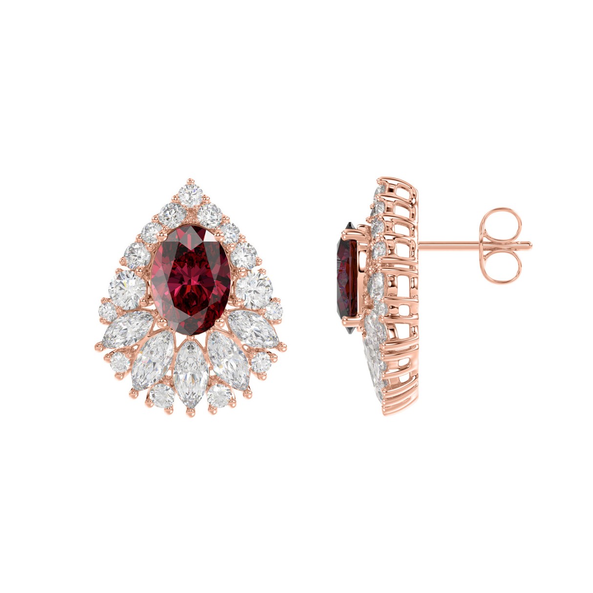 14K ROSE GOLD 4 3/4CT ROUND/MARQUISE/RUBY OVAL DIAMOND LADIES EARRING (RUBY OVAL DIAMOND 2 3/4CT)