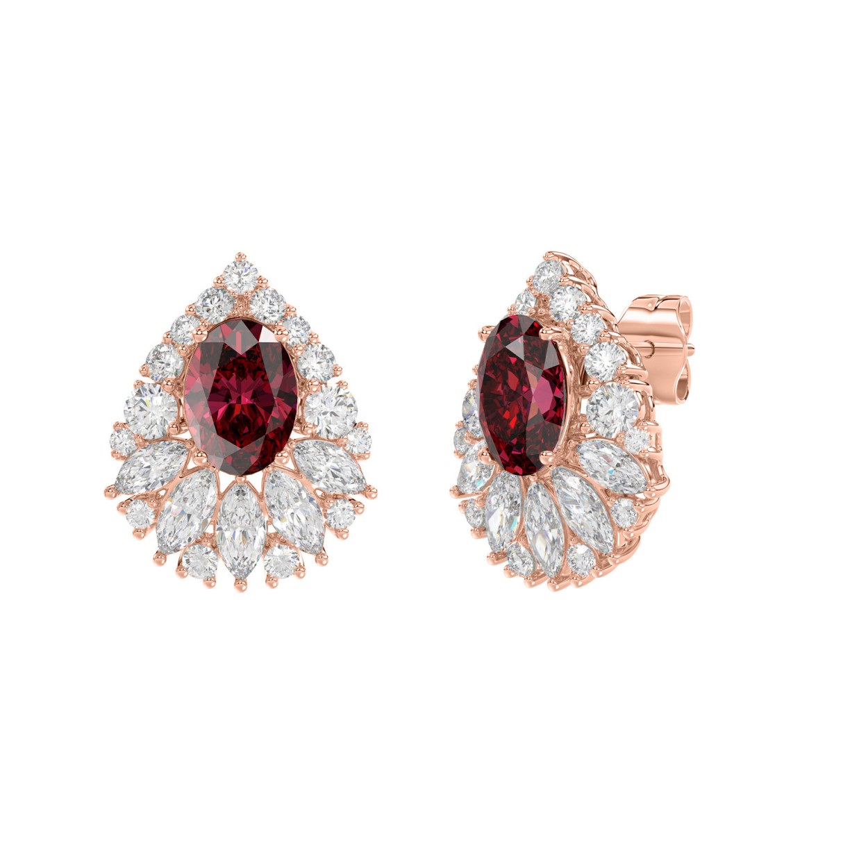 14K ROSE GOLD 4 3/4CT ROUND/MARQUISE/RUBY OVAL DIAMOND LADIES EARRING (RUBY OVAL DIAMOND 2 3/4CT)